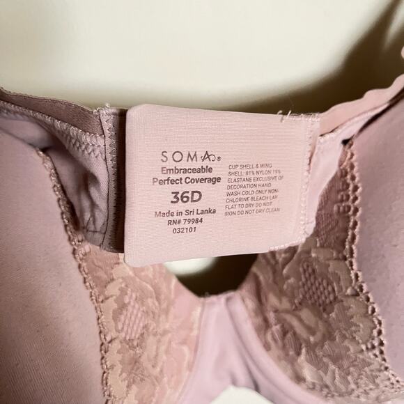 Soma Bra Embraceable Perfect Coverage Underwire Pink Lace Size 36D - Picture 3 of 4